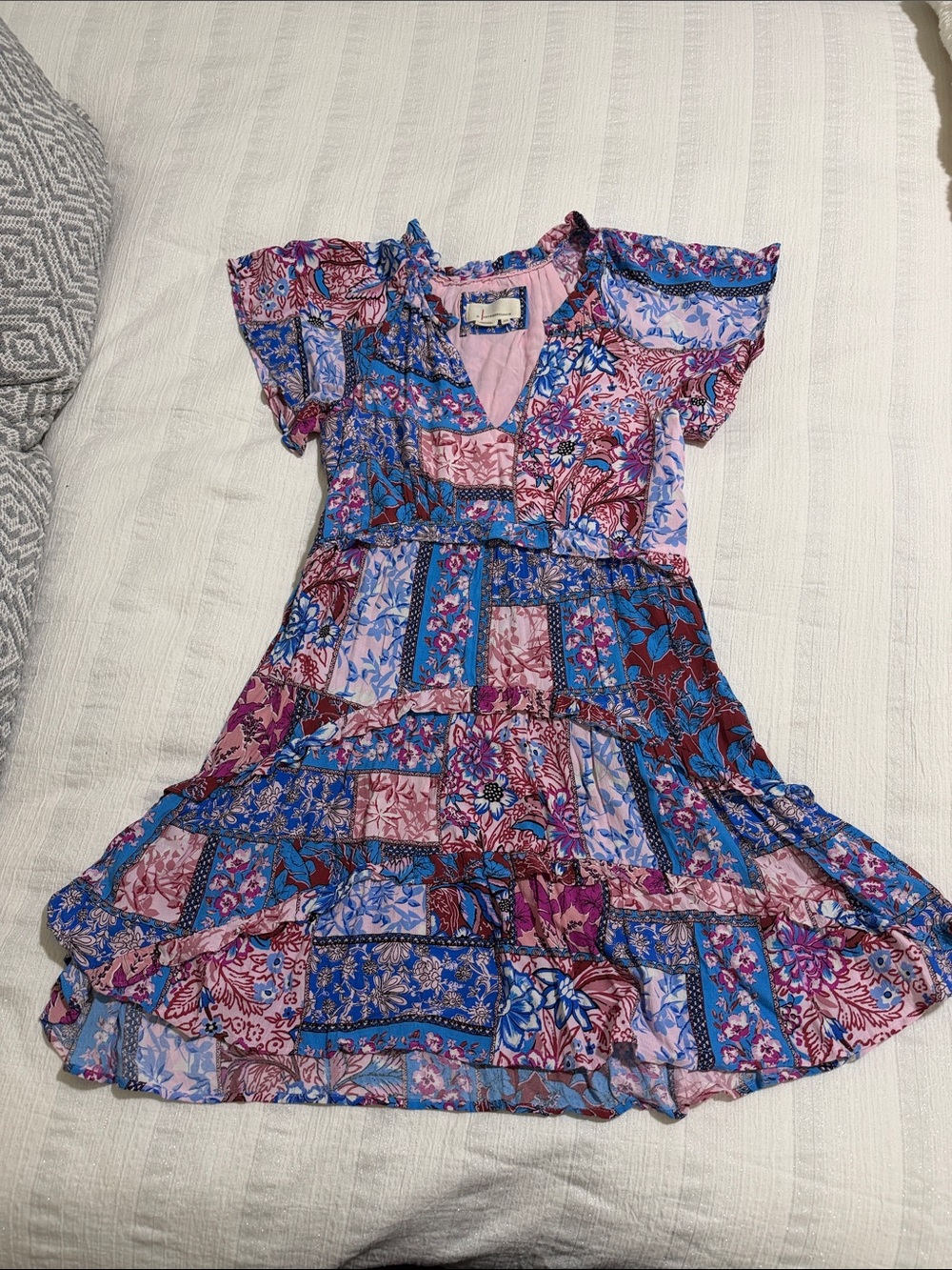 Women’s Anthropologie Floral Patchwork Tiered Dress in Blue & Pink
